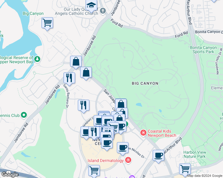 map of restaurants, bars, coffee shops, grocery stores, and more near 1 Canyon Court in Newport Beach
