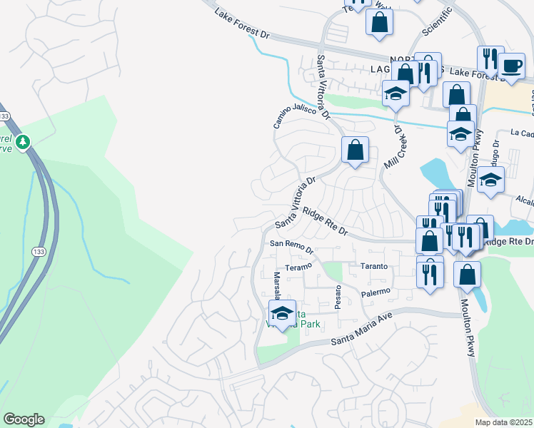 map of restaurants, bars, coffee shops, grocery stores, and more near 22162 Caminito Amor in Laguna Hills