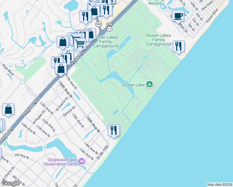 map of restaurants, bars, coffee shops, grocery stores, and more near 39-B Clam Lane in Myrtle Beach