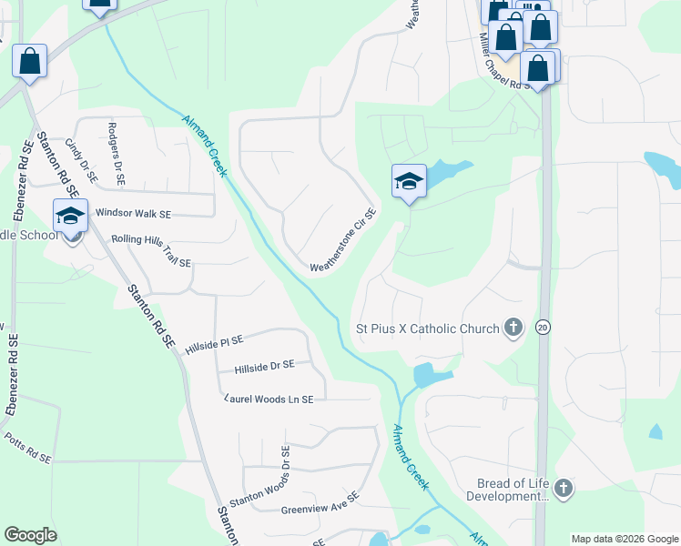 map of restaurants, bars, coffee shops, grocery stores, and more near 2721 Weatherstone Circle Southeast in Conyers