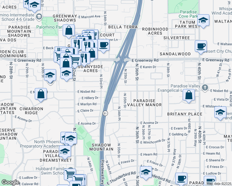 map of restaurants, bars, coffee shops, grocery stores, and more near 3425 East Nisbet Road in Phoenix