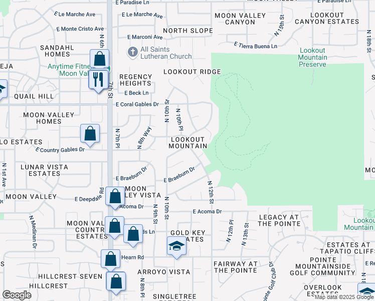 map of restaurants, bars, coffee shops, grocery stores, and more near 1121 East Country Gables Drive in Phoenix