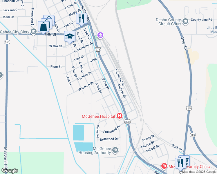 map of restaurants, bars, coffee shops, grocery stores, and more near 514 North 2nd Street in McGehee