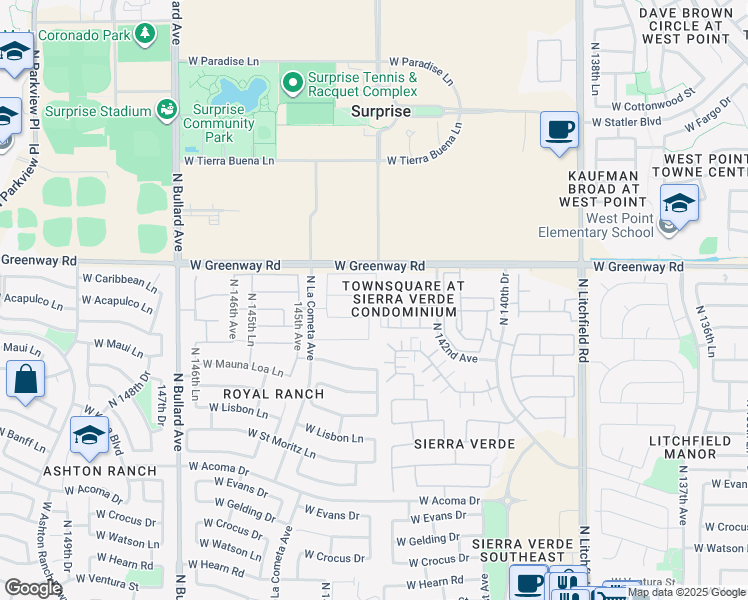 map of restaurants, bars, coffee shops, grocery stores, and more near 15285 North 143rd Avenue in Surprise