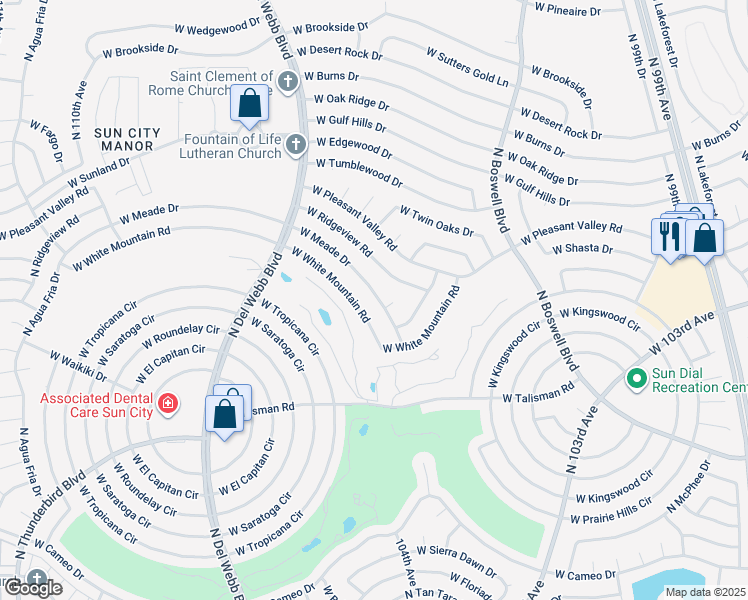 map of restaurants, bars, coffee shops, grocery stores, and more near 10415 West Meade Drive in Sun City