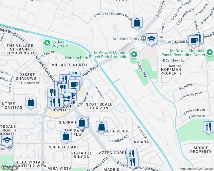 map of restaurants, bars, coffee shops, grocery stores, and more near 14983 North 100th Way in Scottsdale