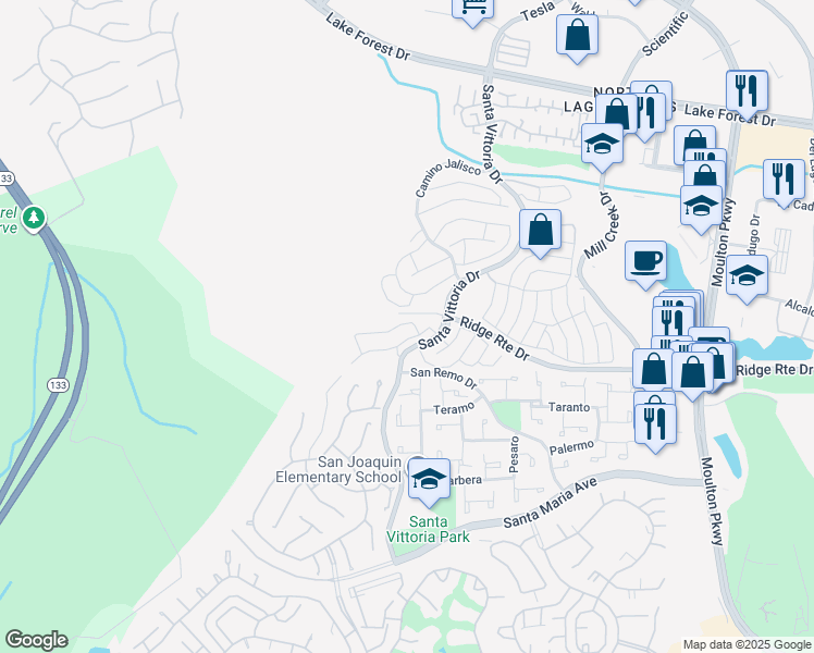 map of restaurants, bars, coffee shops, grocery stores, and more near 22162 Caminito Amor in Laguna Hills