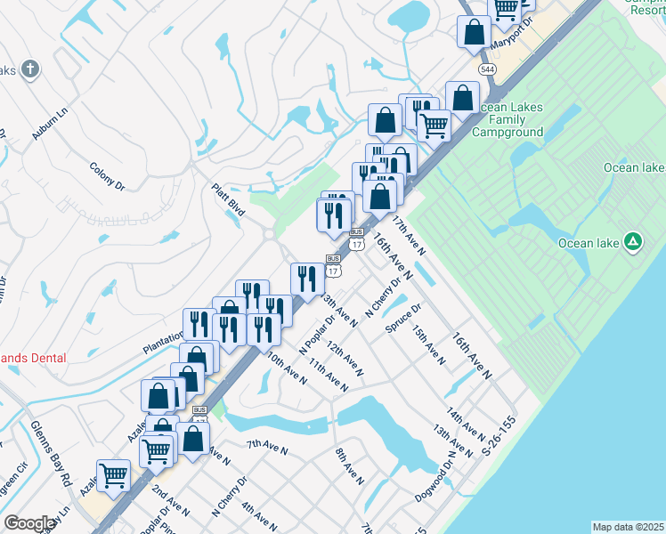 map of restaurants, bars, coffee shops, grocery stores, and more near 1415 U.S. 17 Business in Surfside Beach