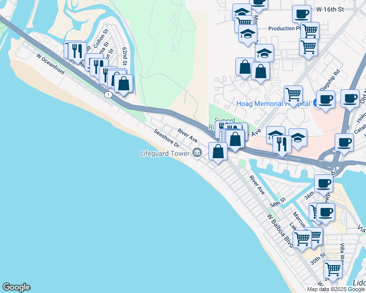 map of restaurants, bars, coffee shops, grocery stores, and more near 5012 Seashore Drive in Newport Beach