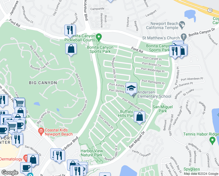 map of restaurants, bars, coffee shops, grocery stores, and more near 1700 Port Stirling Place in Newport Beach