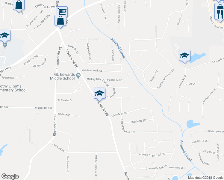 map of restaurants, bars, coffee shops, grocery stores, and more near 1660 Creek Crossing Southeast in Conyers