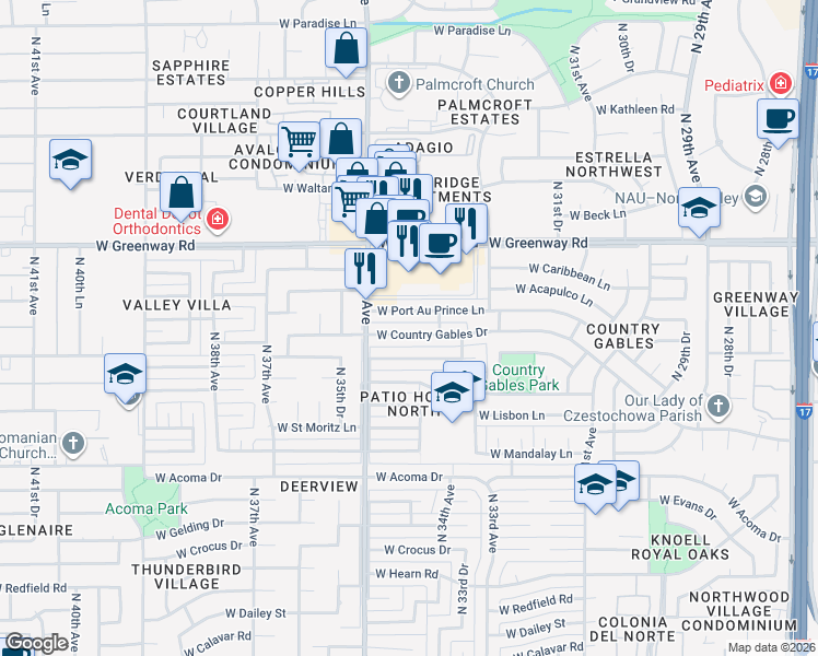 map of restaurants, bars, coffee shops, grocery stores, and more near 3420 West Country Gables Drive in Phoenix