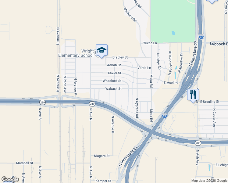 map of restaurants, bars, coffee shops, grocery stores, and more near 1001-1399 Wabash Street in Lubbock