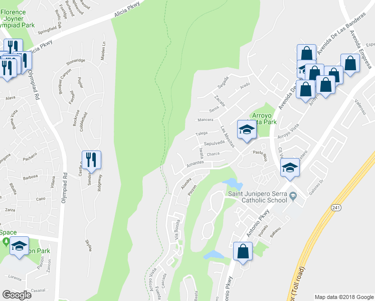 map of restaurants, bars, coffee shops, grocery stores, and more near 3 Sepulveda in Rancho Santa Margarita