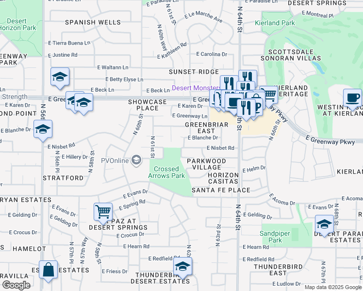 map of restaurants, bars, coffee shops, grocery stores, and more near 15002 North 61st Way in Scottsdale