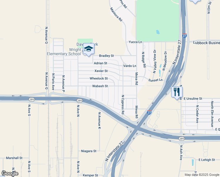 map of restaurants, bars, coffee shops, grocery stores, and more near 1001-1399 Wabash Street in Lubbock