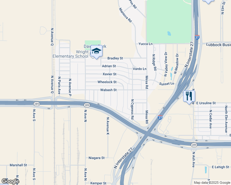 map of restaurants, bars, coffee shops, grocery stores, and more near 1001-1399 Wabash Street in Lubbock