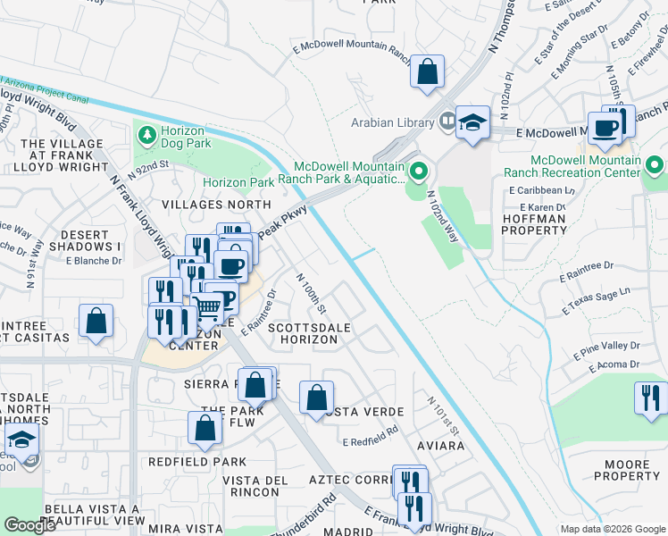 map of restaurants, bars, coffee shops, grocery stores, and more near 14983 North 100th Way in Scottsdale