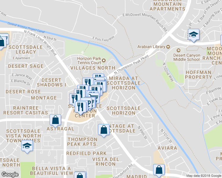 map of restaurants, bars, coffee shops, grocery stores, and more near 15095 North Thompson Peak Parkway in Scottsdale
