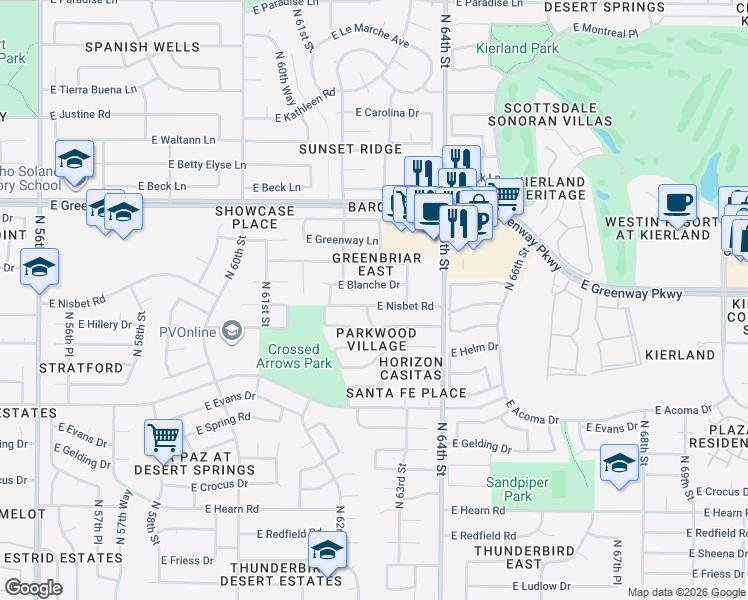 map of restaurants, bars, coffee shops, grocery stores, and more near 6216 East Nisbet Road in Scottsdale