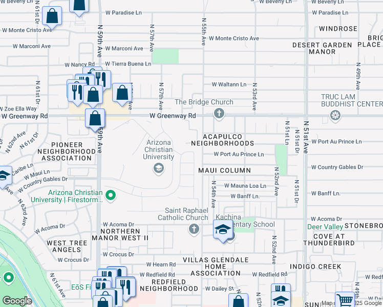 map of restaurants, bars, coffee shops, grocery stores, and more near 5420 West Port Au Prince Lane in Glendale