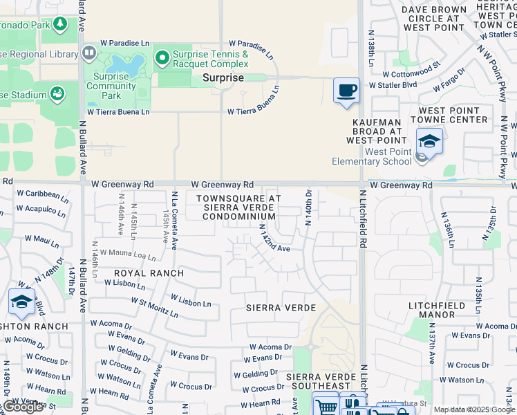 map of restaurants, bars, coffee shops, grocery stores, and more near 15164 North 140th Drive in Surprise
