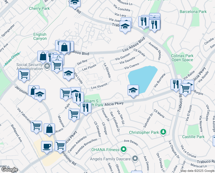 map of restaurants, bars, coffee shops, grocery stores, and more near 26306 Los Viveros in Mission Viejo