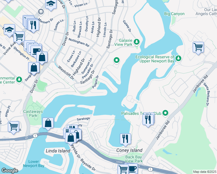 map of restaurants, bars, coffee shops, grocery stores, and more near 309 Evening Star Lane in Newport Beach