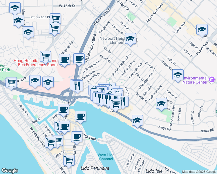 map of restaurants, bars, coffee shops, grocery stores, and more near 2919 Cliff Drive in Newport Beach