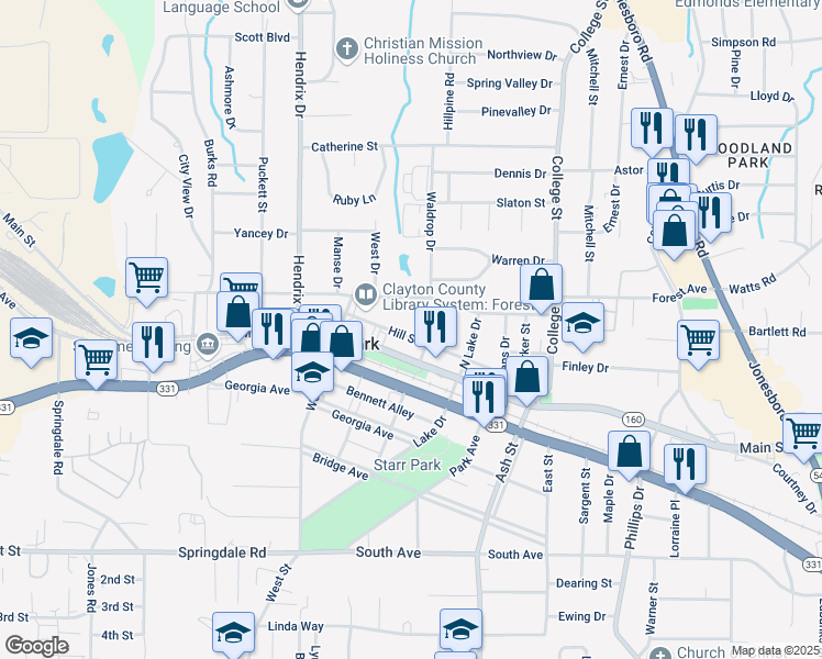 map of restaurants, bars, coffee shops, grocery stores, and more near 730 Hill Street in Forest Park