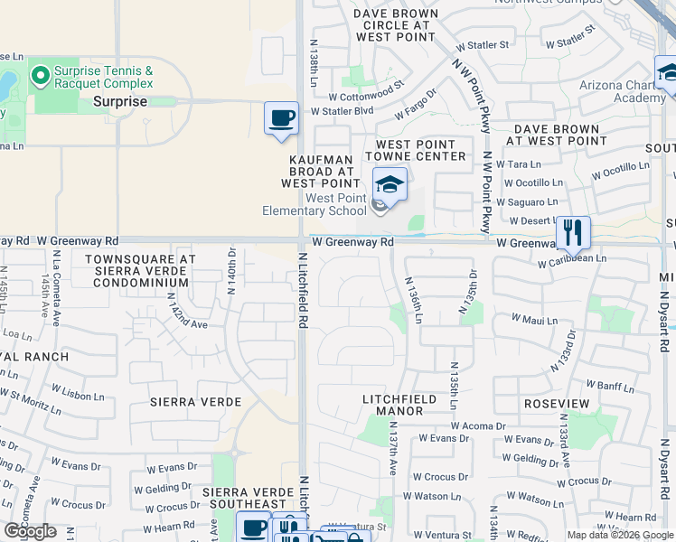 map of restaurants, bars, coffee shops, grocery stores, and more near 15238 North 138th Drive in Surprise
