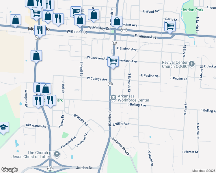 map of restaurants, bars, coffee shops, grocery stores, and more near 420 South Main Street in Monticello