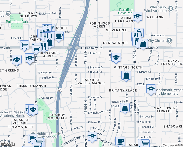 map of restaurants, bars, coffee shops, grocery stores, and more near 14843 North 36th Place in Phoenix