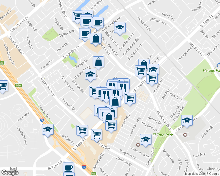 map of restaurants, bars, coffee shops, grocery stores, and more near 24541 Packer Place in Lake Forest