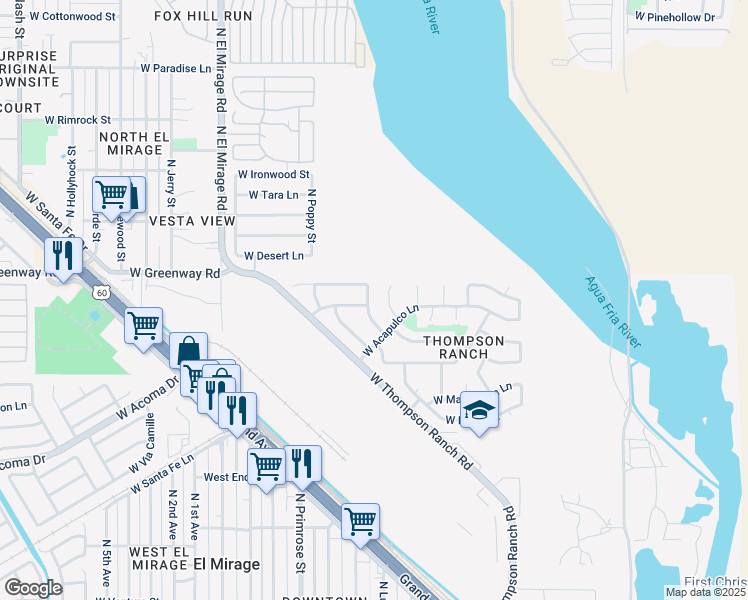 map of restaurants, bars, coffee shops, grocery stores, and more near 15205 North Luna Street in El Mirage