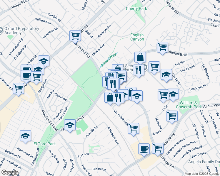 map of restaurants, bars, coffee shops, grocery stores, and more near 25502 Jeronimo Road in Mission Viejo