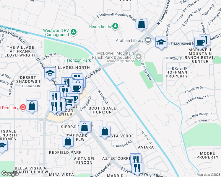 map of restaurants, bars, coffee shops, grocery stores, and more near 14983 North 100th Way in Scottsdale
