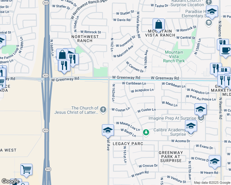 map of restaurants, bars, coffee shops, grocery stores, and more near 15241 North 162nd Lane in Surprise