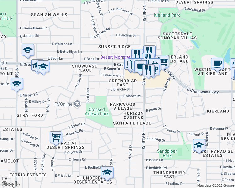 map of restaurants, bars, coffee shops, grocery stores, and more near 6216 East Nisbet Road in Scottsdale