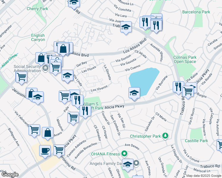map of restaurants, bars, coffee shops, grocery stores, and more near 26306 Los Viveros in Mission Viejo