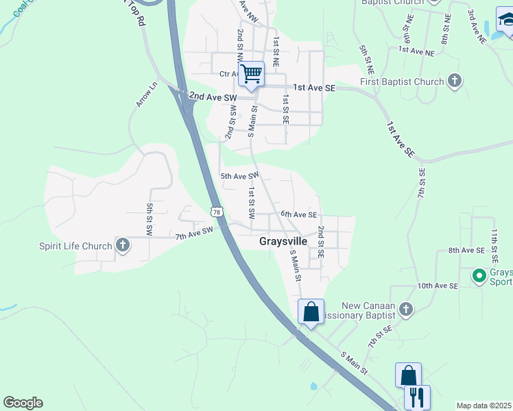 map of restaurants, bars, coffee shops, grocery stores, and more near 585 1st St SW in Graysville