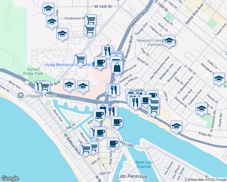 map of restaurants, bars, coffee shops, grocery stores, and more near 213 La Jolla Drive in Newport Beach
