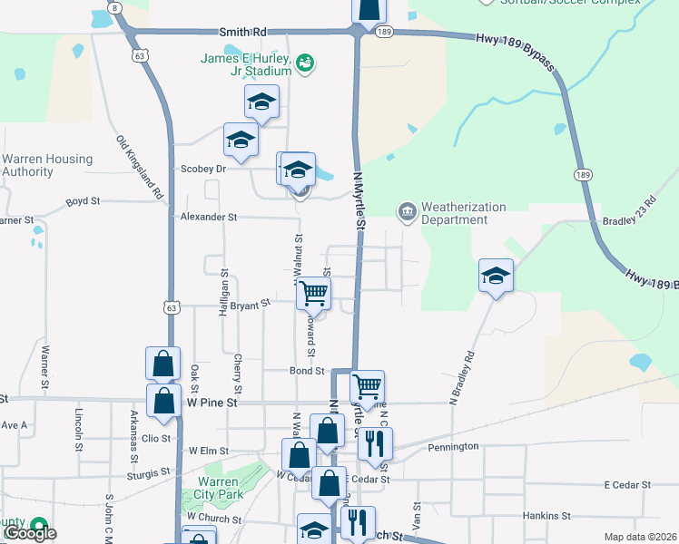 map of restaurants, bars, coffee shops, grocery stores, and more near 105 Neely Street in Warren