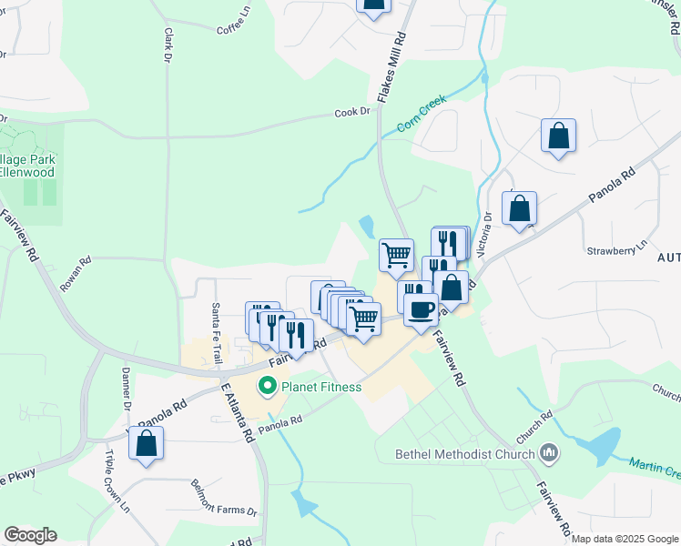 map of restaurants, bars, coffee shops, grocery stores, and more near 113 Lackawanna Trail in Ellenwood