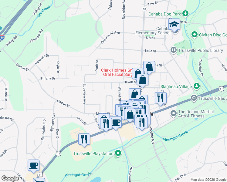 map of restaurants, bars, coffee shops, grocery stores, and more near 131 Pine Tree Lane in Trussville