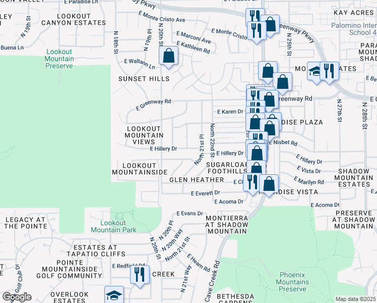 map of restaurants, bars, coffee shops, grocery stores, and more near 2119 East Hillery Drive in Phoenix