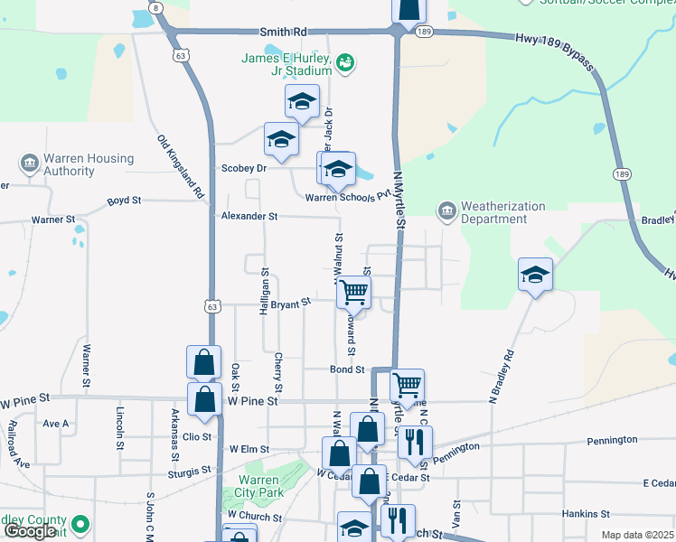 map of restaurants, bars, coffee shops, grocery stores, and more near 803 North Walnut Street in Warren