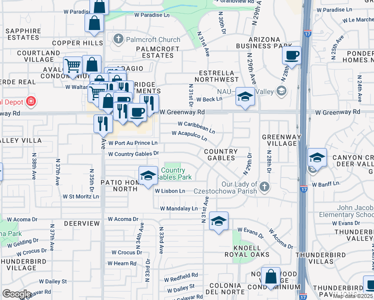 map of restaurants, bars, coffee shops, grocery stores, and more near 3122 West Country Gables Drive in Phoenix