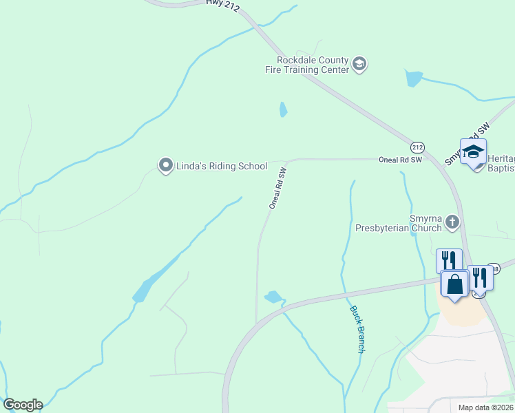 map of restaurants, bars, coffee shops, grocery stores, and more near 2525 Oneal Road Southwest in Conyers