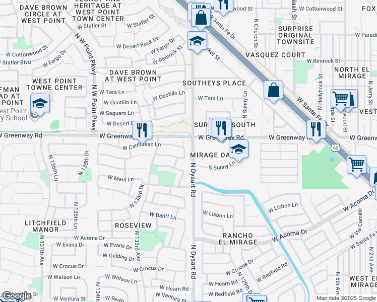 map of restaurants, bars, coffee shops, grocery stores, and more near 15261 North Gil Balcome Court in Surprise